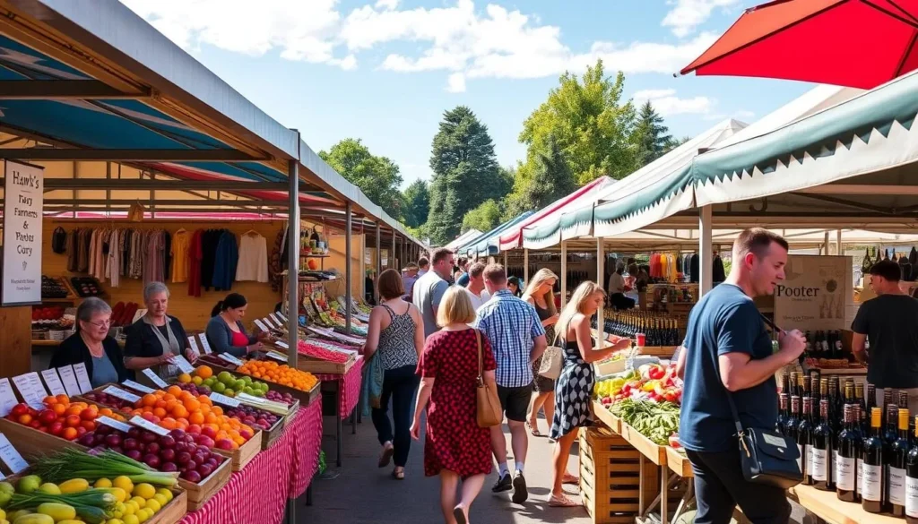 Hawke's Bay Farmers' Market with colorful produce stalls and shoppers