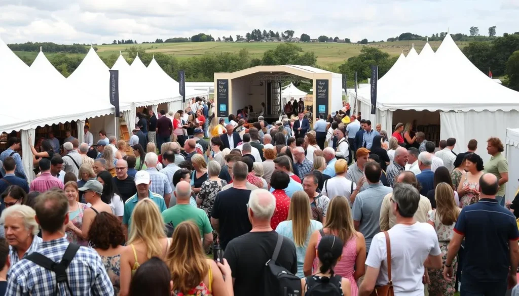 Hay Festival in Wales with diverse crowd of attendees and festival tents