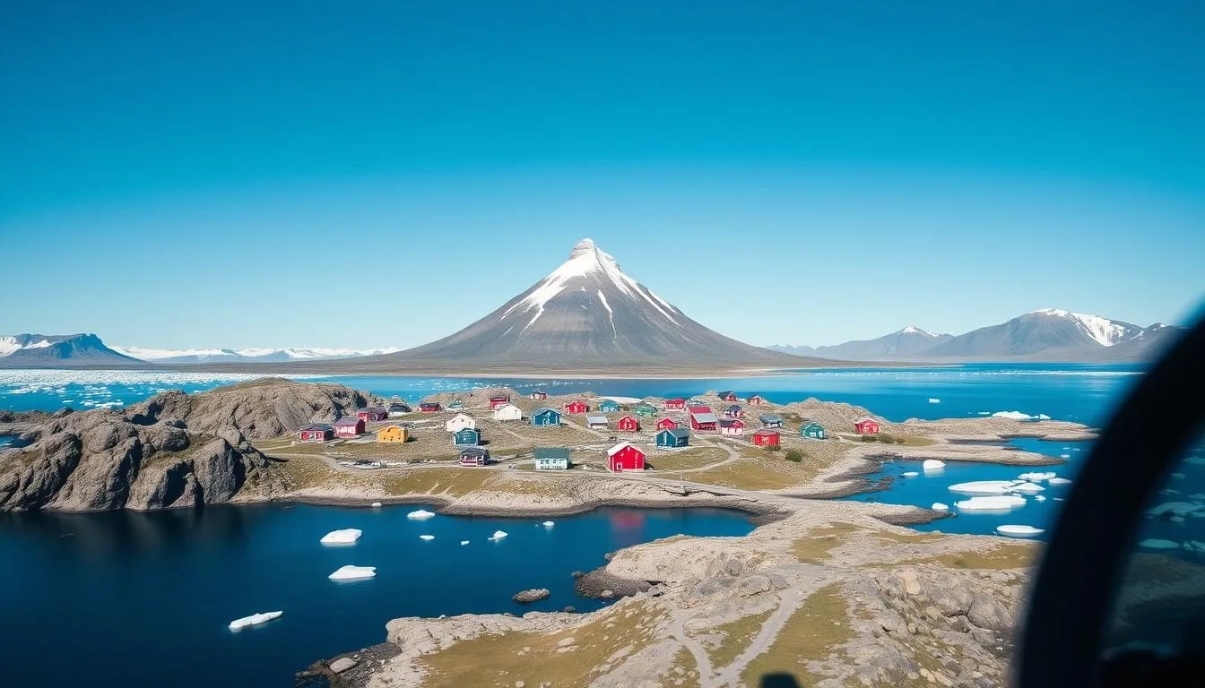 Helicopter approaching Uummannaq's heart-shaped mountain with colorful houses visible below