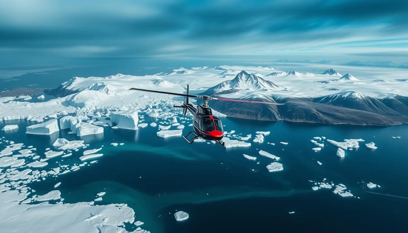 Helicopter flying over icebergs near Tasiilaq, Greenland