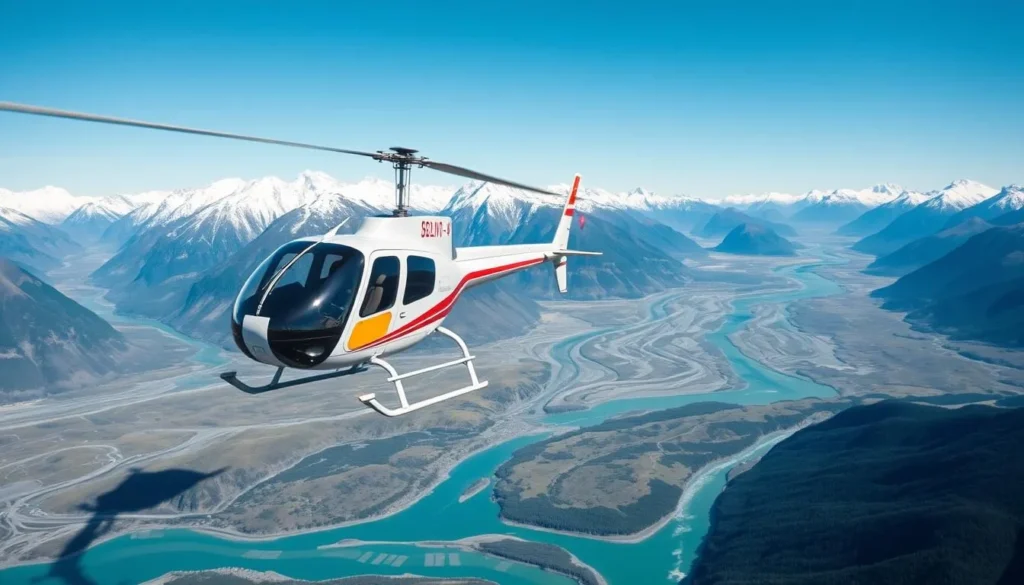 Helicopter flying over the mountains near Glenorchy with views of braided rivers below