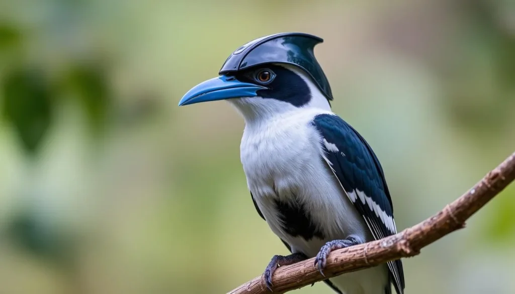 Helmet vanga bird with distinctive blue bill in Marojejy National Park
