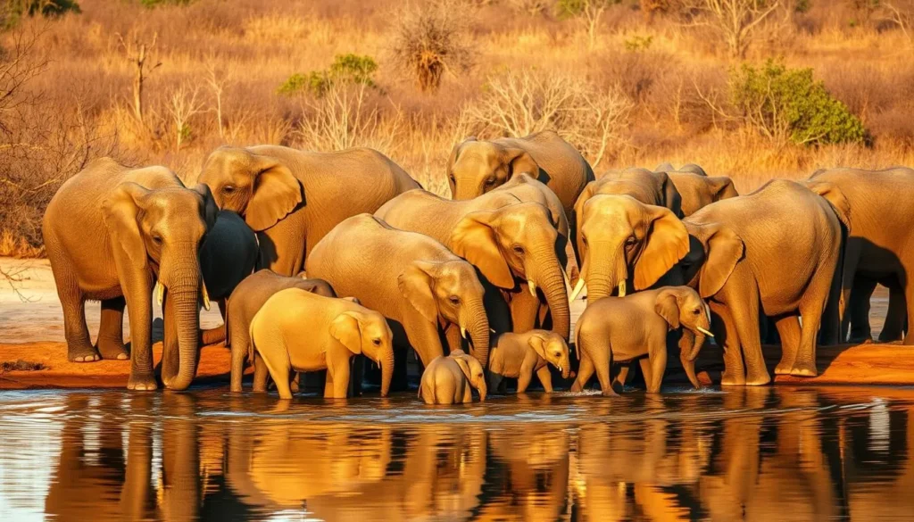 Herd of Sri Lankan elephants at a waterhole in Yala National Park