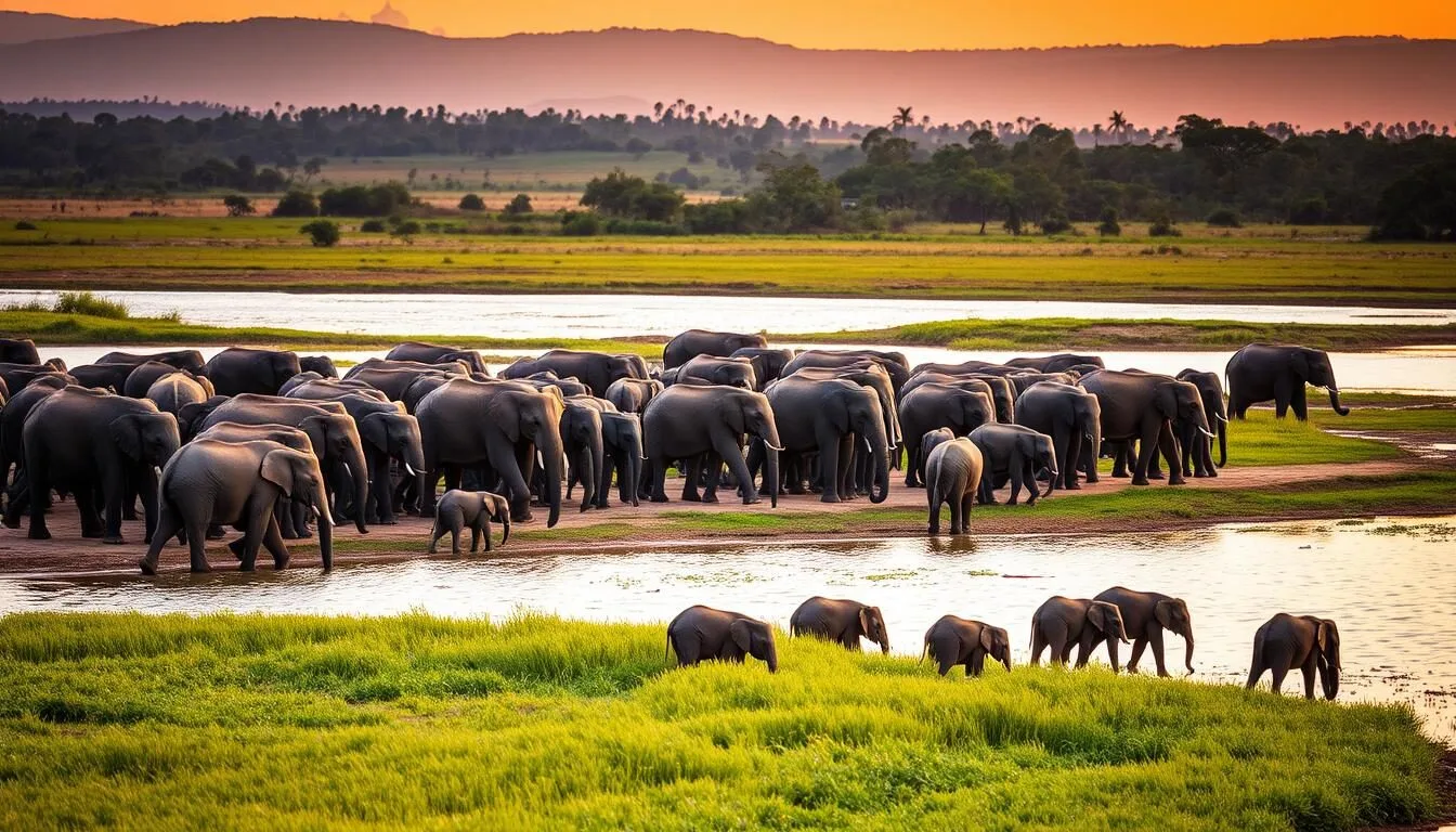 Herd-of-wild-Asian-elephants-gathering-near-the-Minneriya-Tank-with-the-beautiful-landscape-of- Herd of wild Asian elephants gathering near the Minneriya Tank with the beautiful landscape of Minneriya National Park, Sri Lanka in the background