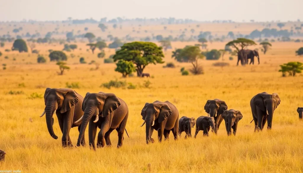 Herd of wild elephants crossing grassland in Lunugamvehera National Park