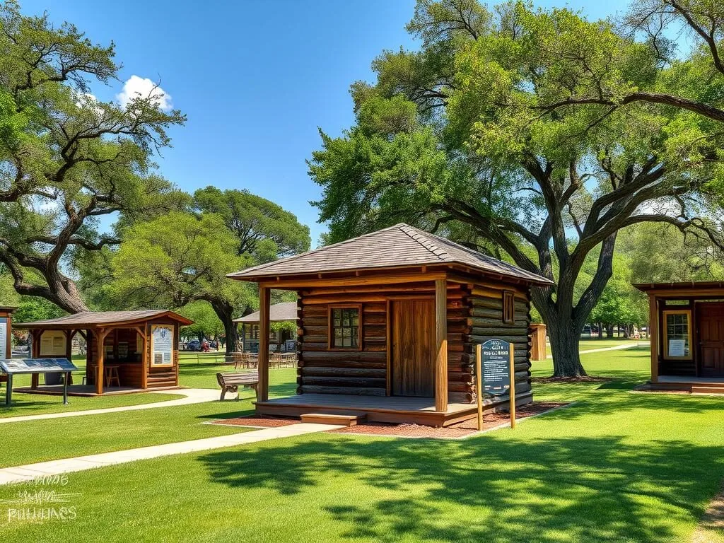 Heritage Park in Deer Park showing Patrick's Cabin and historical displays