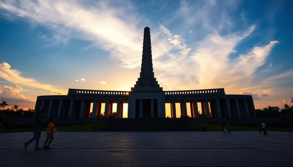 Heroes Monument (Tugu Pahlawan) in Surabaya at sunset with dramatic lighting and visitors exploring the grounds