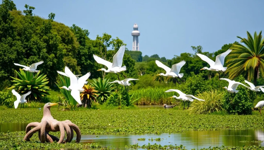 Herons in flight at Mangal das Garças park with the observation tower visible in the background