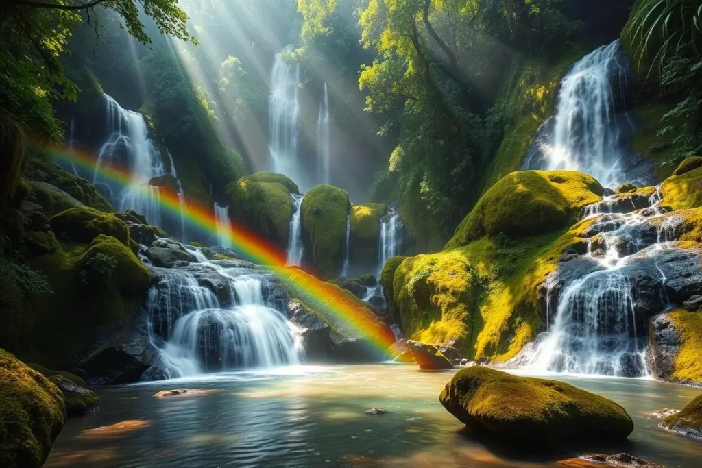 Hidden waterfalls (Cascadas Escondidas) in Pumalin Park Chile surrounded by lush vegetation