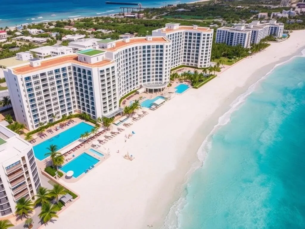 High-rise resort hotels along Palm Beach near Malmok, Aruba with beach amenities