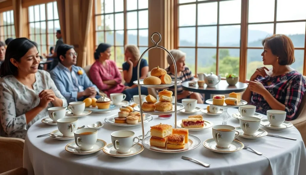 High tea service at a colonial hotel in Nuwara Eliya with Pidurutalagala visible through windows