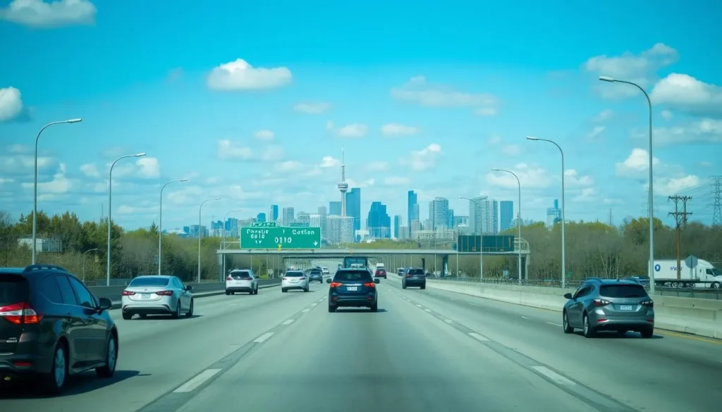 Highway 401 in Ontario with traffic and Toronto skyline in the distance