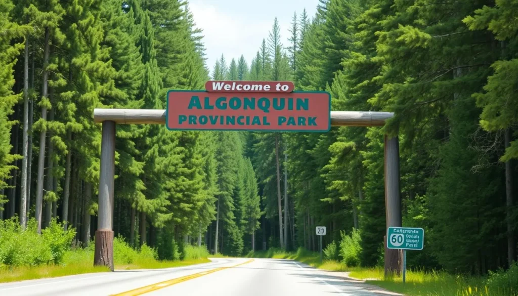 Highway 60 corridor entrance to Algonquin Provincial Park with welcome sign and forested road