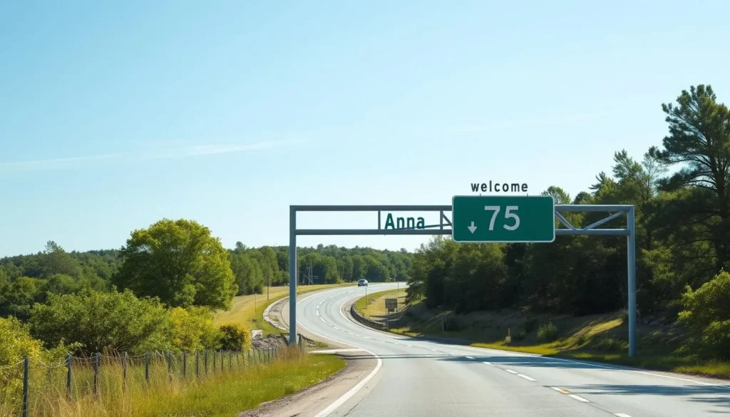 Highway 75 entrance to Anna, Texas with welcome sign on a clear day
