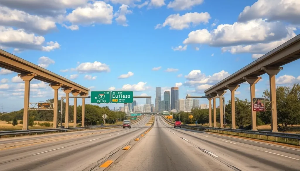 Highway entrance to Euless, Texas with skyline in the distance