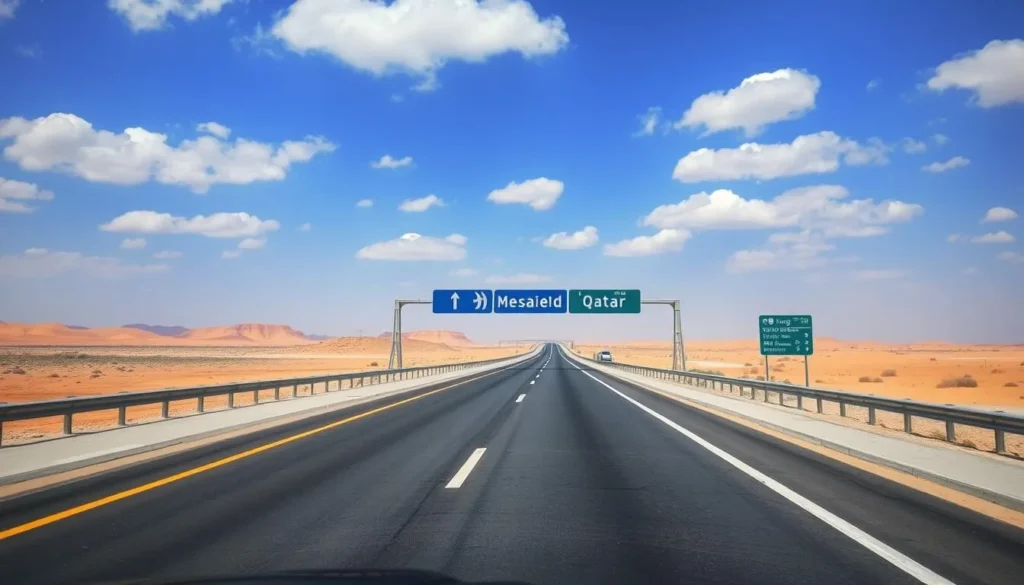 Highway leading to Mesaieed with road signs and desert landscape