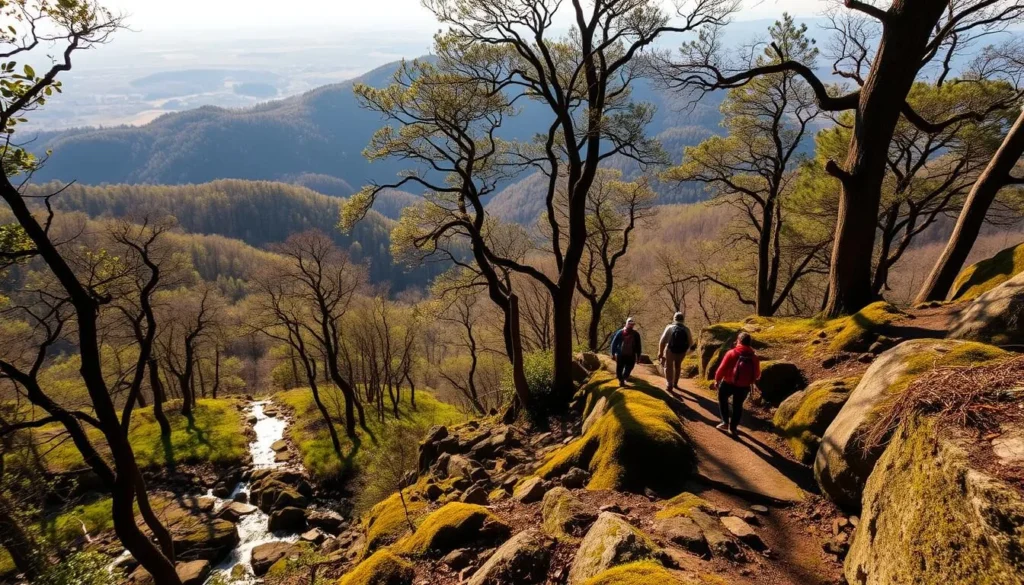 Hike through the lush, verdant Bakony Mountains, where sunlight filters through the towering oak and beech trees. Winding trails wind past serene streams and mossy rock formations, leading to a breathtaking overlook with panoramic views of the rolling hills and distant forests. Capture the peaceful solitude of this natural haven, with hikers silhouetted against the warm, golden glow of the afternoon sun. Employ a wide-angle lens to showcase the grandeur of the landscape, and use natural lighting to accentuate the earthy tones and textures of the environment. Convey a sense of tranquility and adventure, inviting the viewer to immerse themselves in the beauty of this picturesque Hungarian hiking destination.