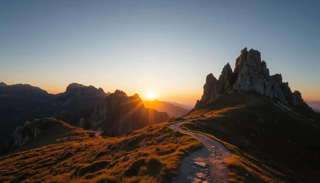 Hike through the serene Tutuiatu mountain range in Romania's Macin Mountains National Park. Capture the breathtaking sunrise over the rugged, ancient peaks, their rocky slopes bathed in warm golden light. Compose the scene to feature a winding trail in the foreground, leading the eye towards the distant horizon. Render the landscape with a sense of tranquility and natural wonder, showcasing the park's unique geological formations and lush, verdant vegetation. Employ a wide-angle lens to convey the vastness of the scene, while maintaining a crisp, detailed focus throughout. Imbue the image with a peaceful, contemplative mood that evokes the park's serene and rejuvenating atmosphere.