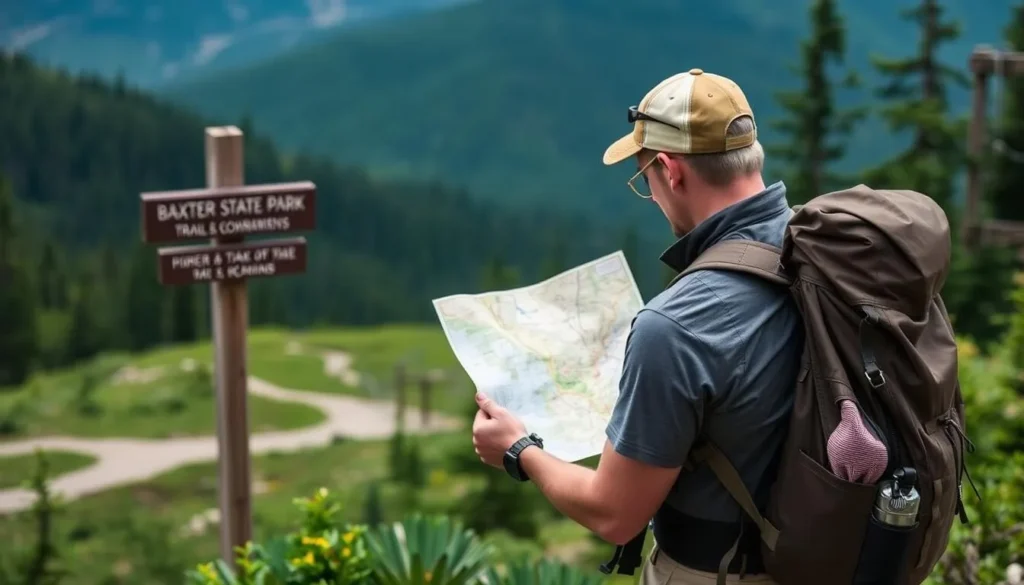 Hiker checking a map at a trail junction in Baxter State Park with backpack and proper gear