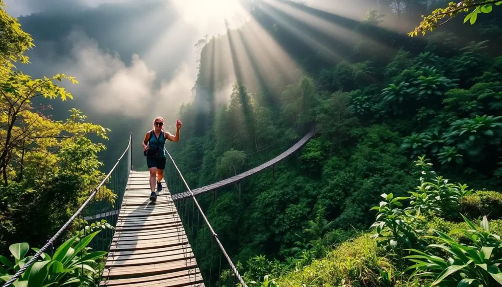 Hiker crossing a wooden suspension bridge in the cloud forest section of the Valle de Cocora hike