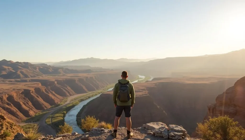 Hiker enjoying panoramic views from a trail overlooking the Rio Grande Wild and Scenic River Hiker enjoying panoramic views from a trail overlooking the Rio Grande Wild and Scenic River