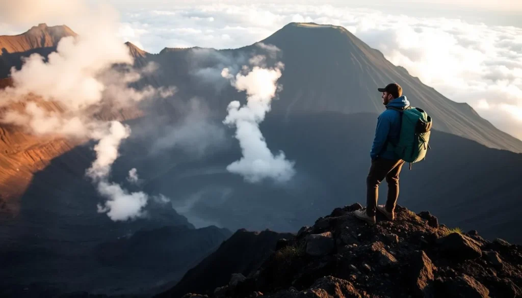 Hiker looking at Mount Kerinci crater with steam rising from the active volcano