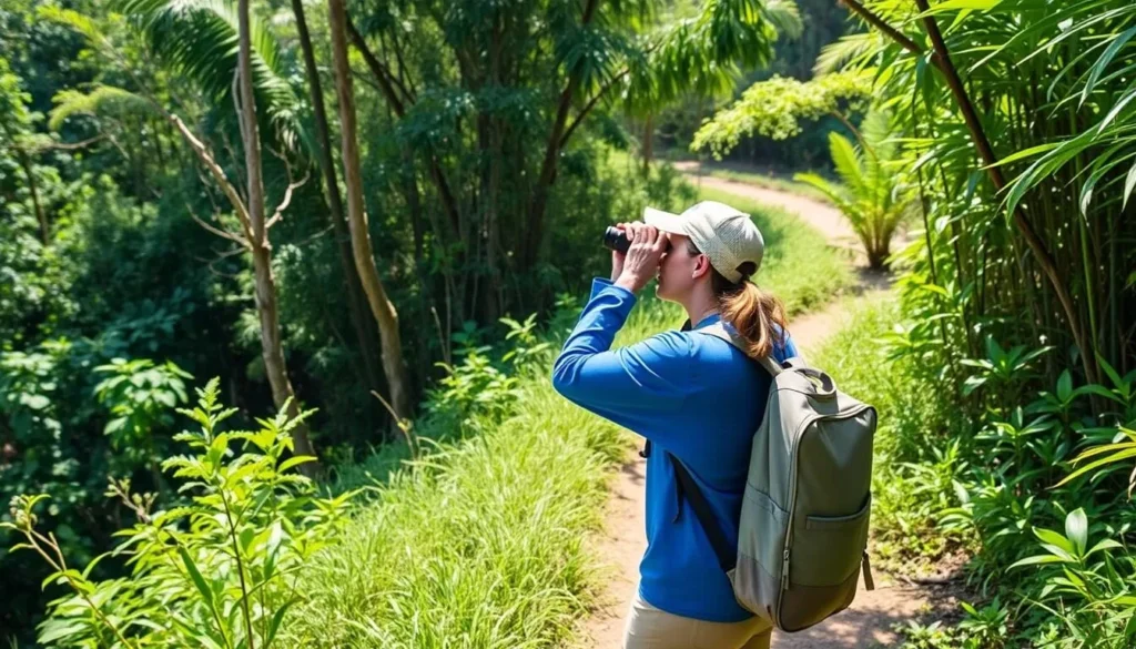 Hiker observing wildlife on a forest trail in Port Royal National Park