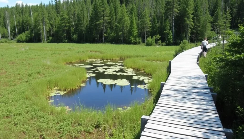 Hiker on Fairy Lake Trail at Georgian Bay Islands National Park with inland lake view