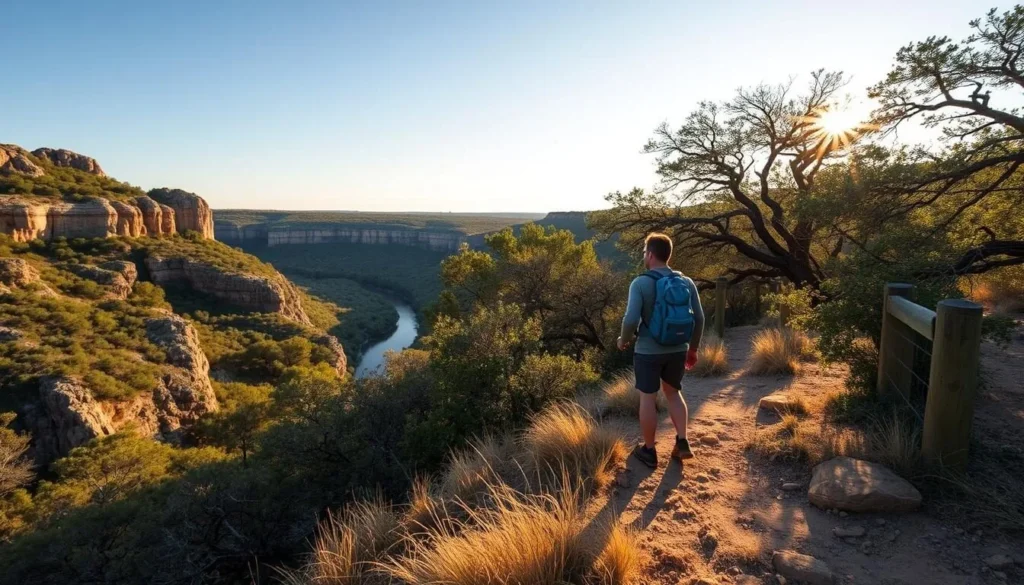 Hiker on a scenic trail at Guadalupe River State Park with limestone formations visible