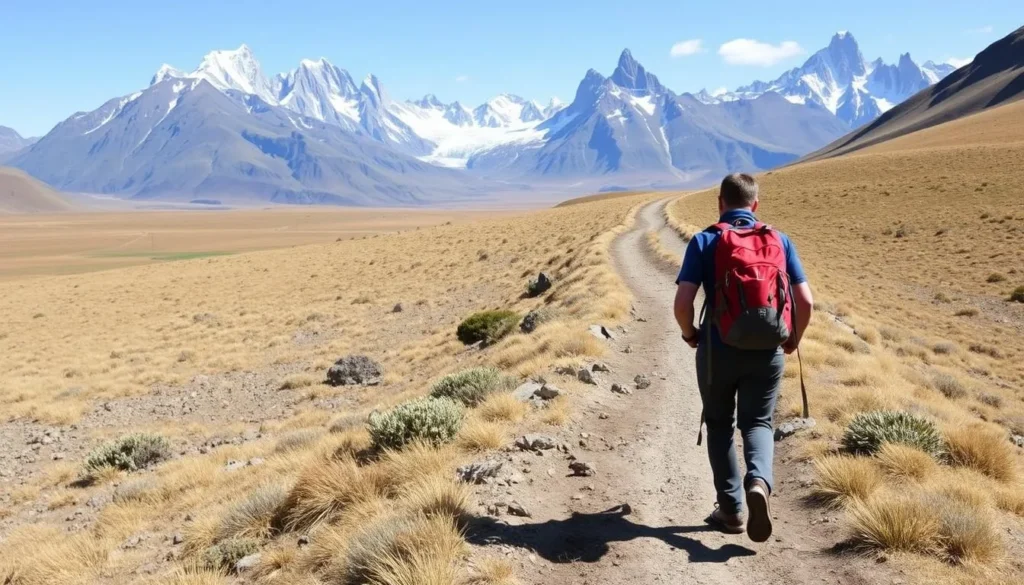 Hiker on a trail in Patagonia National Park with mountain views