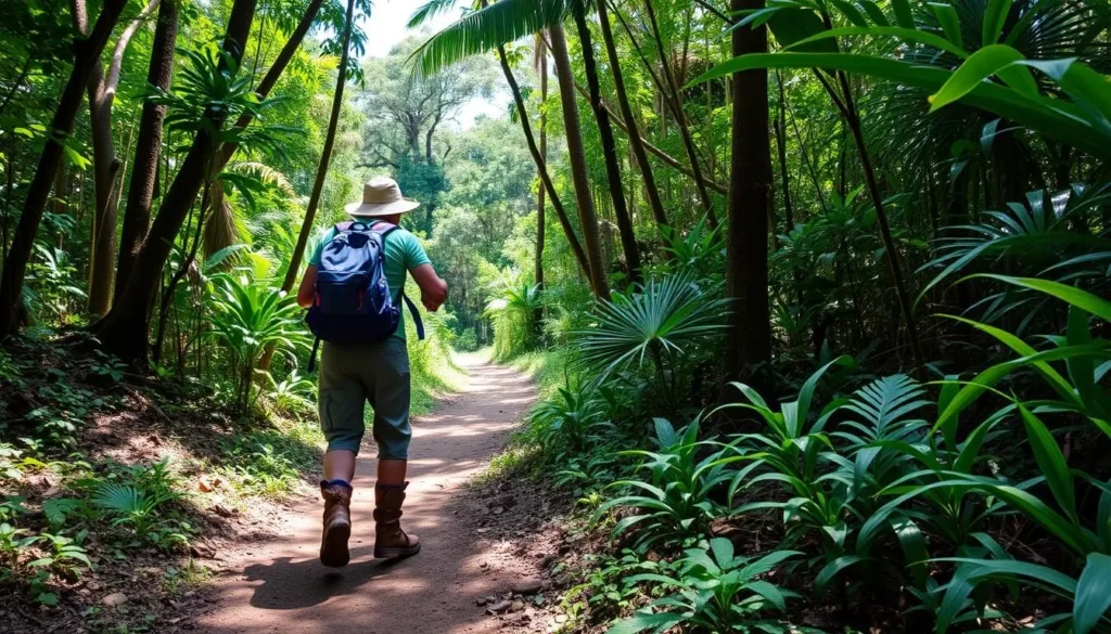 Hiker on a trail in Pico Bonito National Park with proper hiking gear