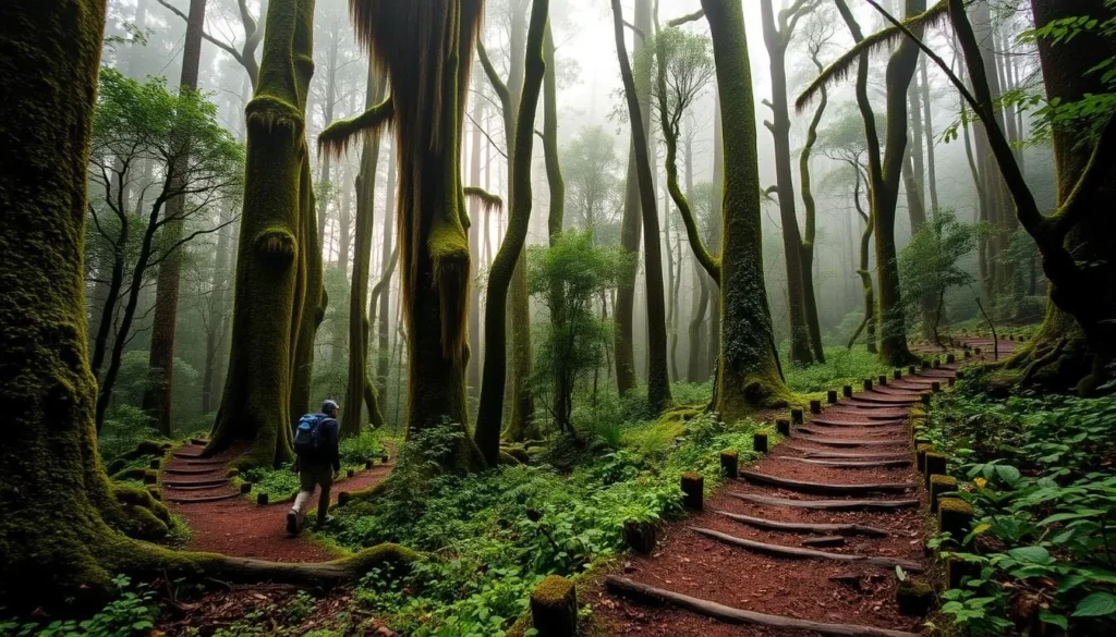 Hiker on a trail in Río Blanco Nature Reserve with lush cloud forest vegetation