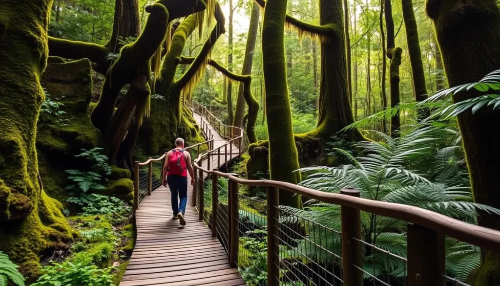 Hiker on a wooden boardwalk trail through lush forest in Pumalin Park Chile
