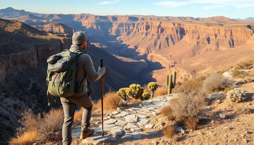 Hiker on the Camino Real trail beyond Guane with backpack and walking stick Hiker on the Camino Real trail beyond Guane with backpack and walking stick