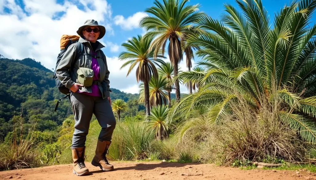 Hiker prepared for Valle de Cocora with proper gear including hiking boots and rain jacket