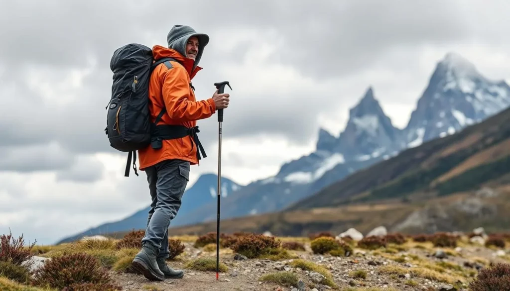 Hiker properly equipped for Patagonian weather with layers, waterproof gear, and trekking poles on a trail