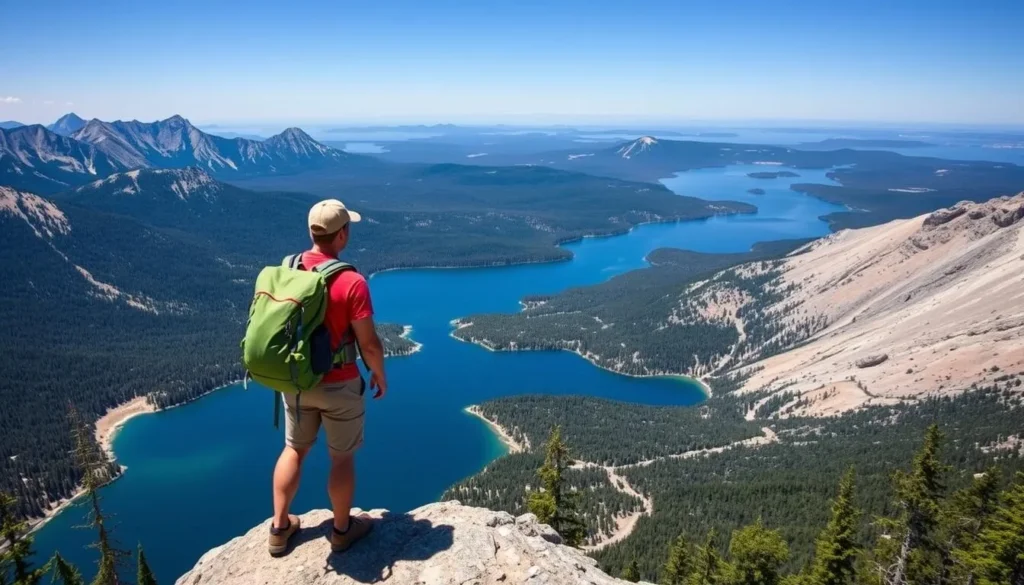 Hiker standing at the top of The Crack trail in Killarney Provincial Park overlooking panoramic views of lakes and forests