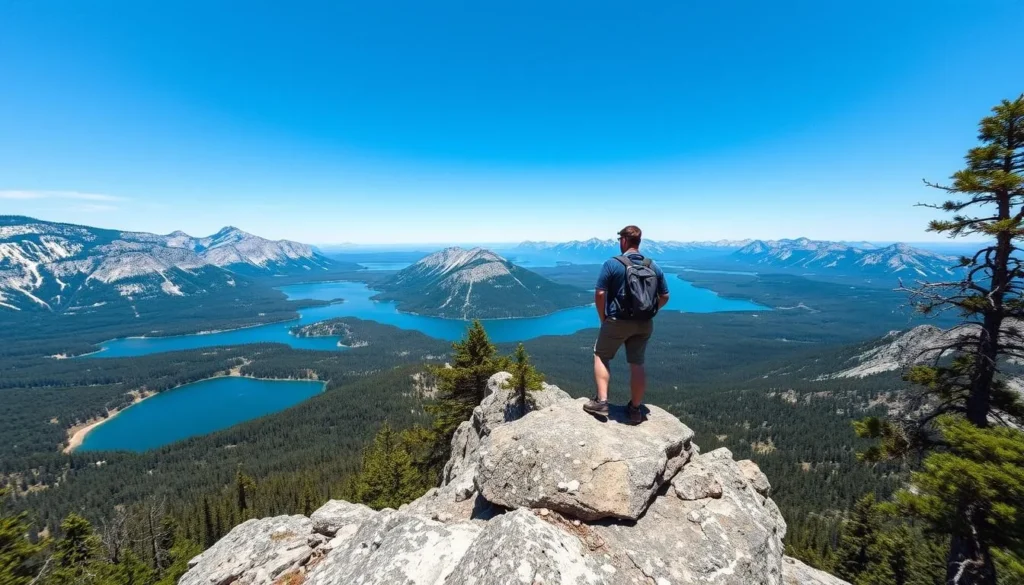 Hiker standing at the top of The Crack trail in Killarney Provincial Park with panoramic views of blue lakes and white quartzite ridges - popular things to do in Killarney, Ontario