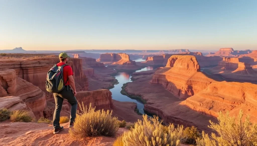 Hiker standing on a trail overlooking a vast canyon landscape in Glen Canyon National Recreation Area