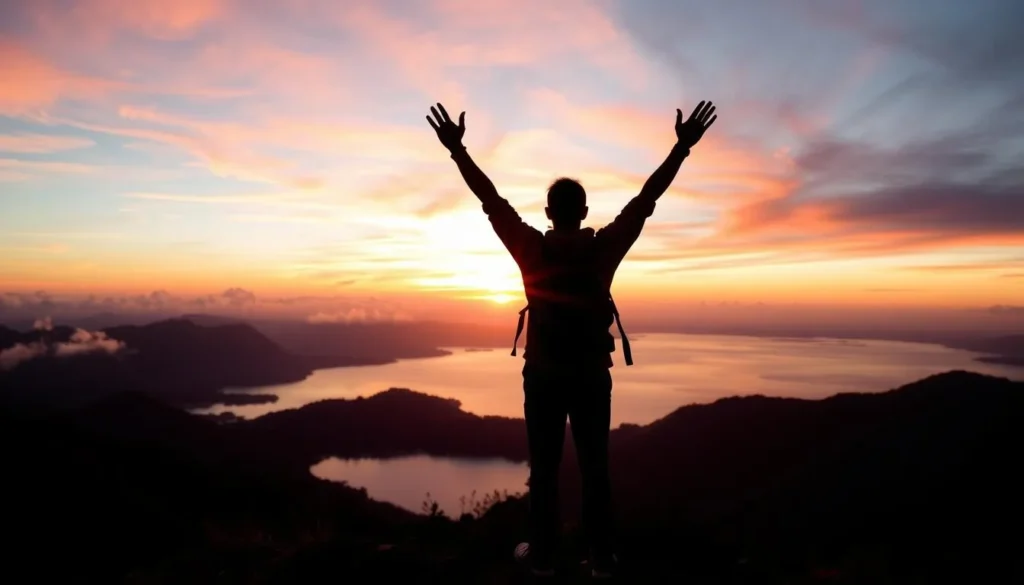 Hiker with arms raised in celebration at Lake Ranu Kumbolo viewpoint at sunrise