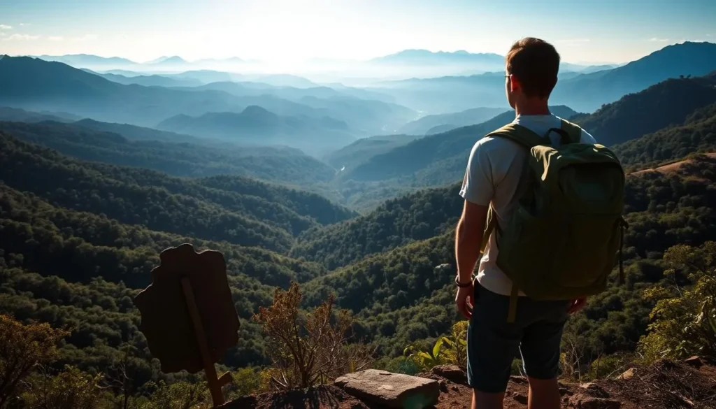 Hiker with backpack overlooking Sierra de Agalta valley