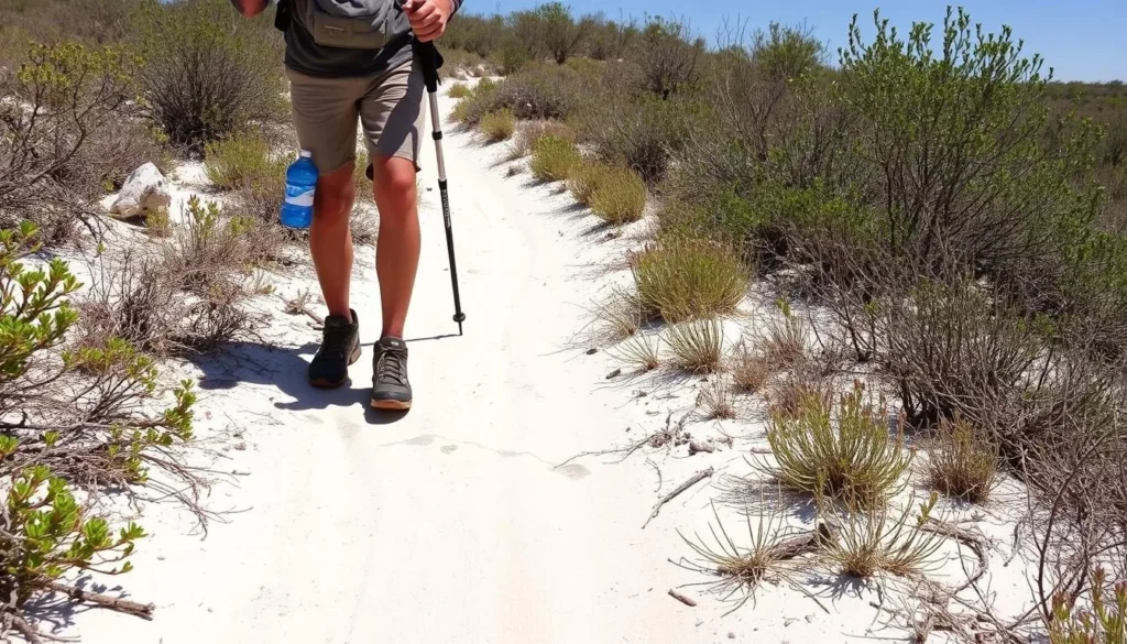 Hiker with proper equipment and water supply on a trail at Allen David Broussard Catfish Creek Preserve State Park