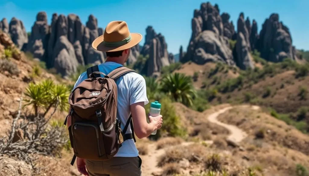 Hiker with proper equipment exploring the trails in Tsingy de Bemaraha