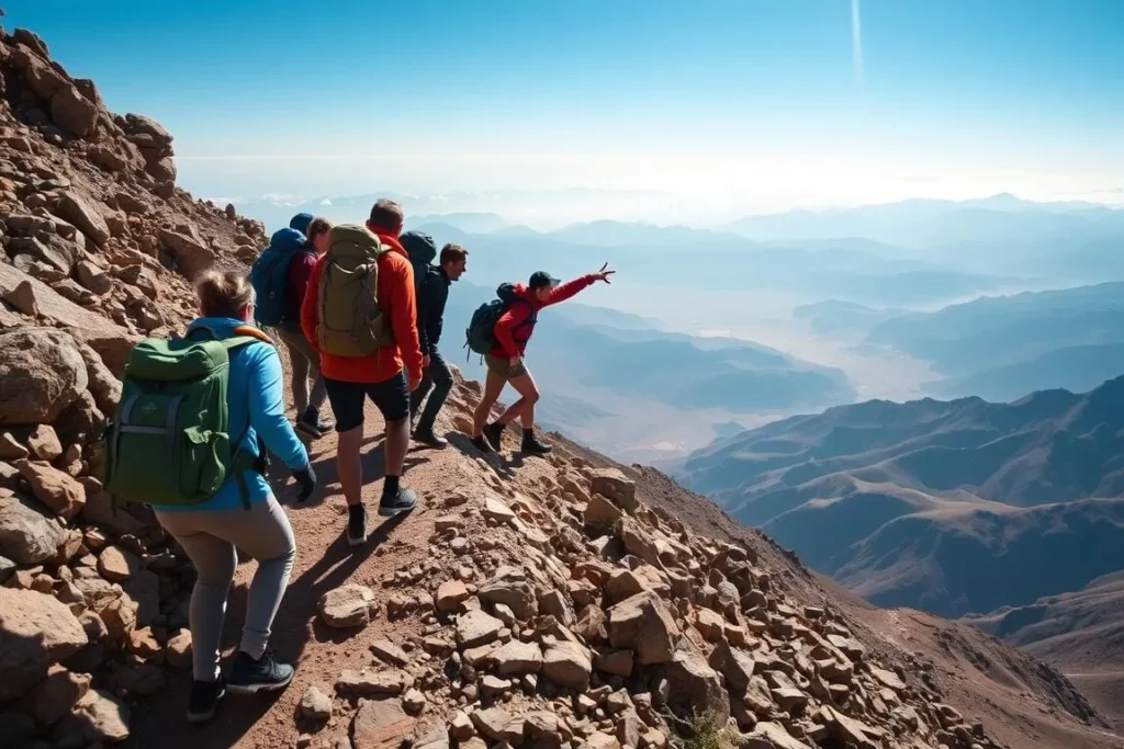 Hikers ascending Mount Toubkal with guide on rocky trail with expansive views