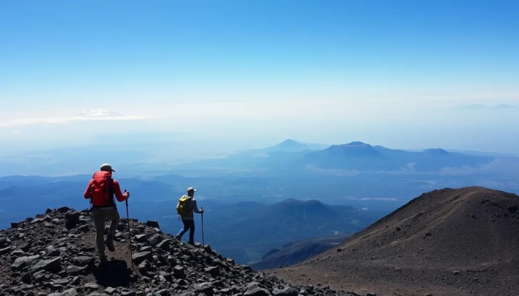 Hikers ascending the rocky upper section of La Malinche with expansive views of central Mexico below Hikers ascending the rocky upper section of La Malinche with expansive views of central Mexico below