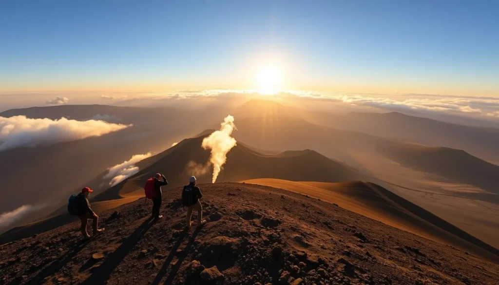 Hikers at Mount Bromo crater during sunrise in dry season