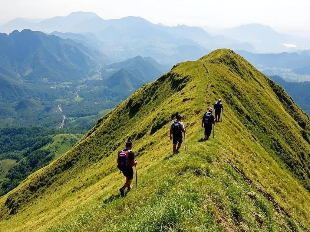 Hikers climbing Tanjakan Cinta (Love Hill) with view of valley below