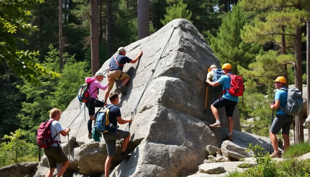 Hikers climbing one of the accessible rock formations in Stolby Nature Reserve with safety equipment Hikers climbing one of the accessible rock formations in Stolby Nature Reserve with safety equipment