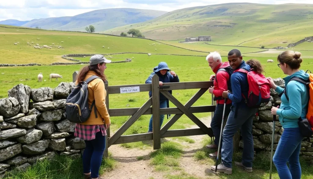 Hikers closing a gate in a dry stone wall in the Yorkshire Dales countryside