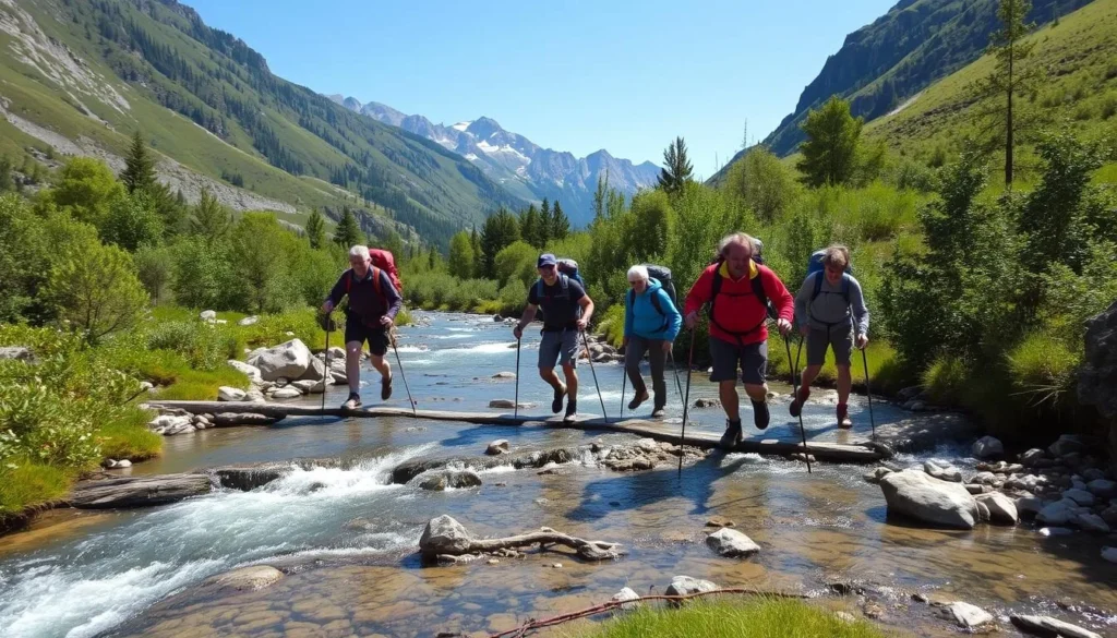Hikers crossing a mountain stream in Torsa Strict Nature Reserve